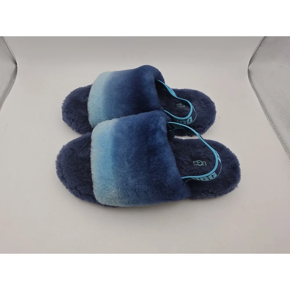 Women UGG Fluff Slides Bright Blue Slipper Size 4 w/ Straps